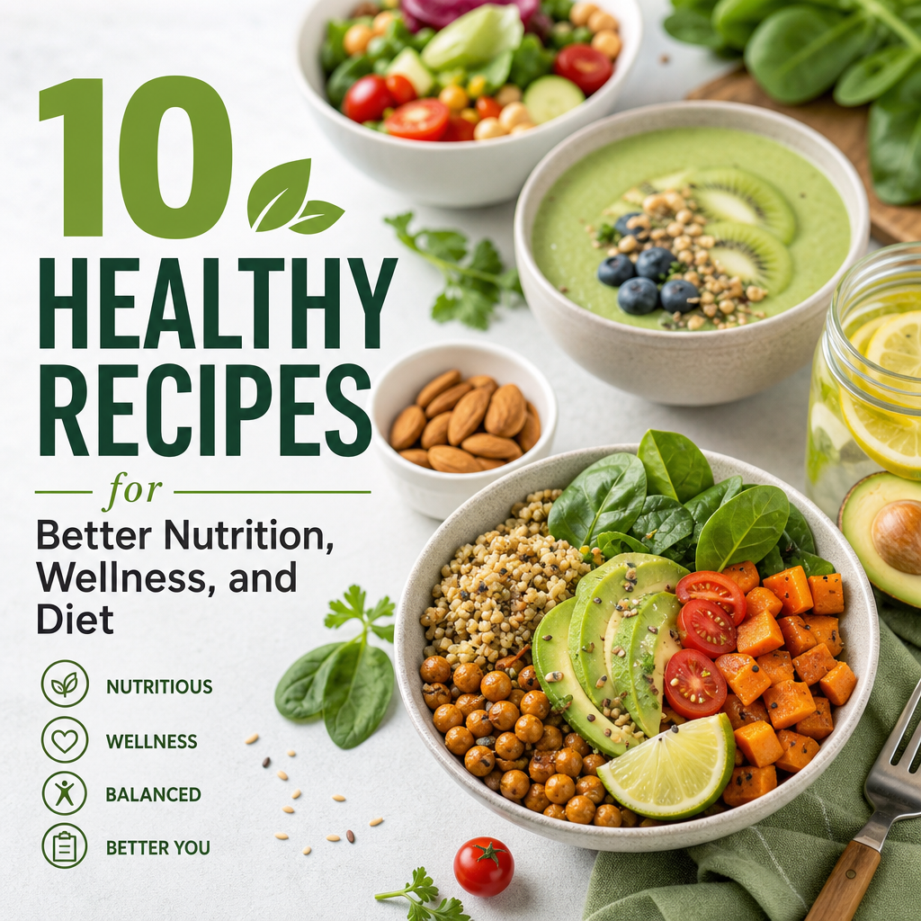 Colorful healthy recipe bowls with vegetables, fruits, nuts, and grains for nutrition and wellness