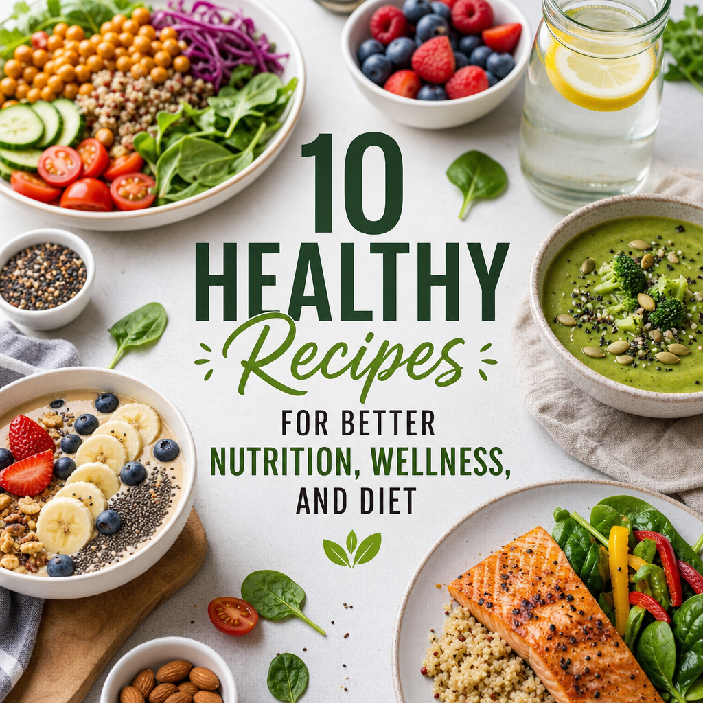 Colorful nutritious meals showcasing 10 healthy recipes for better nutrition, wellness, and diet