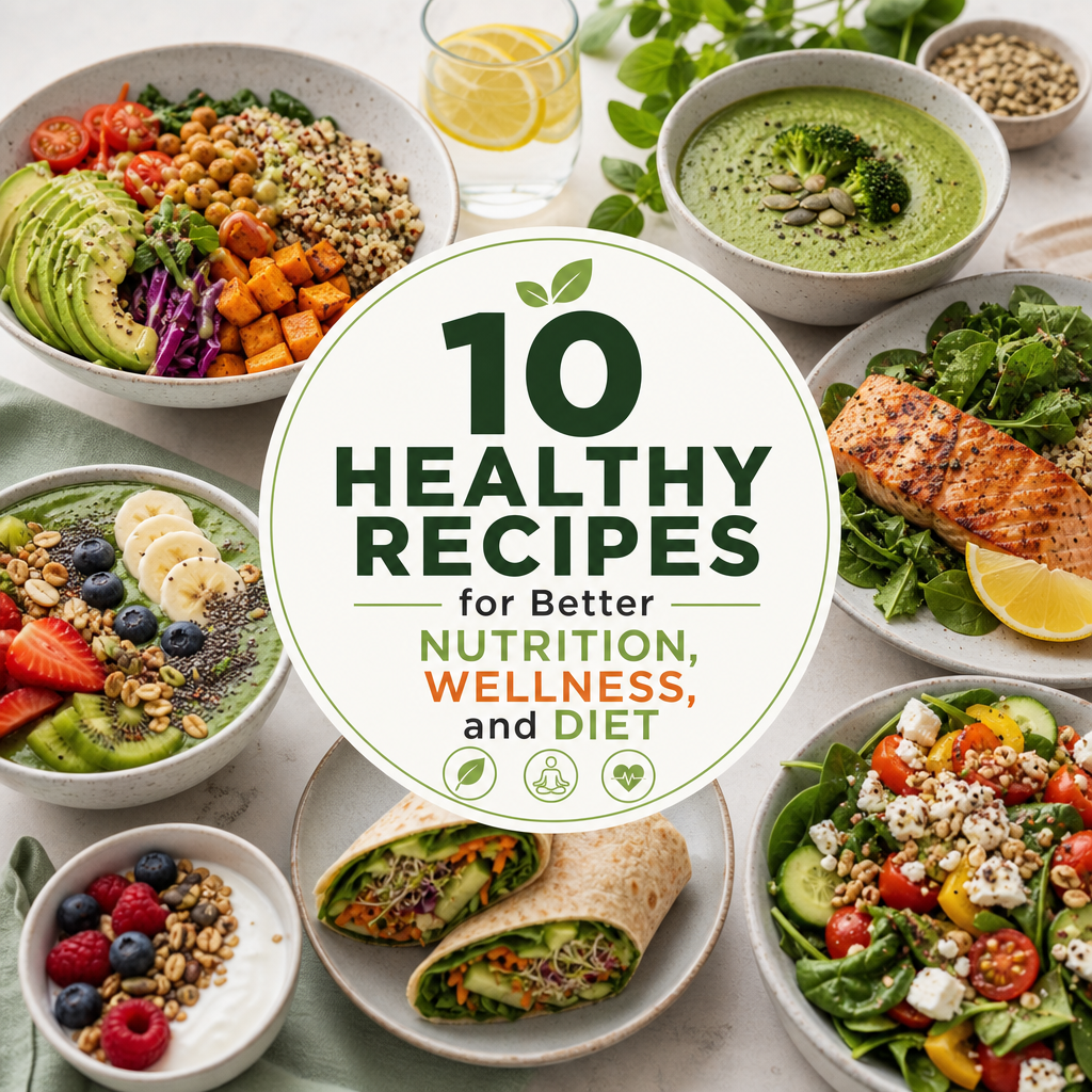 Colorful assortment of nutritious dishes illustrating 10 healthy recipes for better nutrition and wellness
