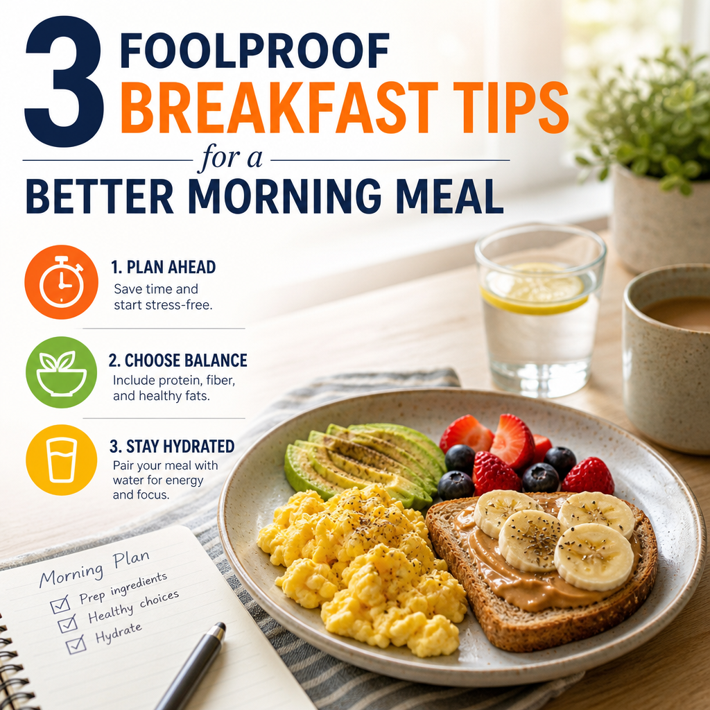 Healthy breakfast plate with scrambled eggs, avocado toast, fruit, and three foolproof breakfast tips