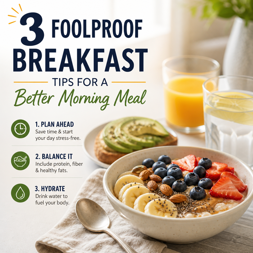 Healthy breakfast bowl with fruit, nuts, and oats, served with orange juice and milk
