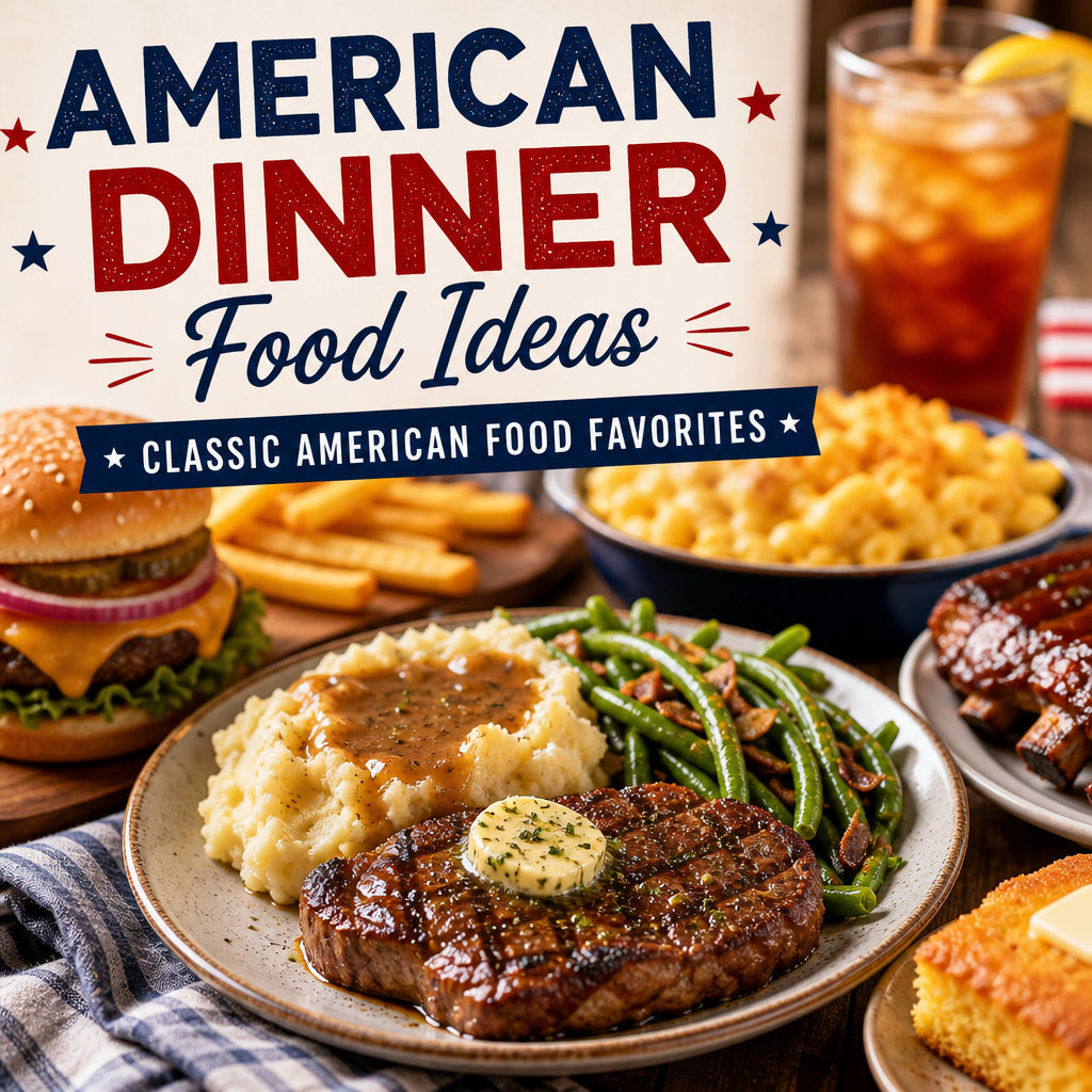 Classic American dinner with steak, mashed potatoes, green beans, mac and cheese, and iced tea
