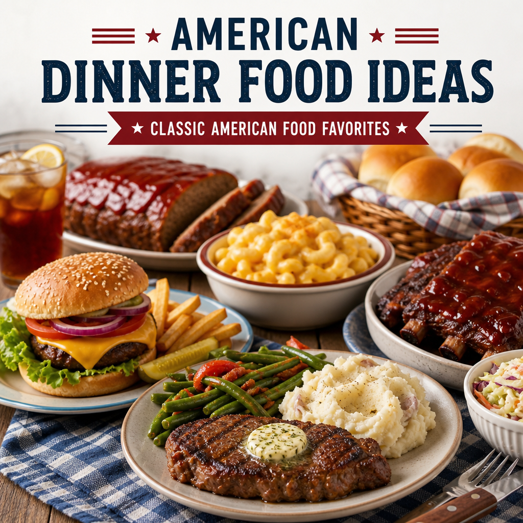 Classic American dinner spread with burgers, ribs, steak, mac and cheese, and mashed potatoes