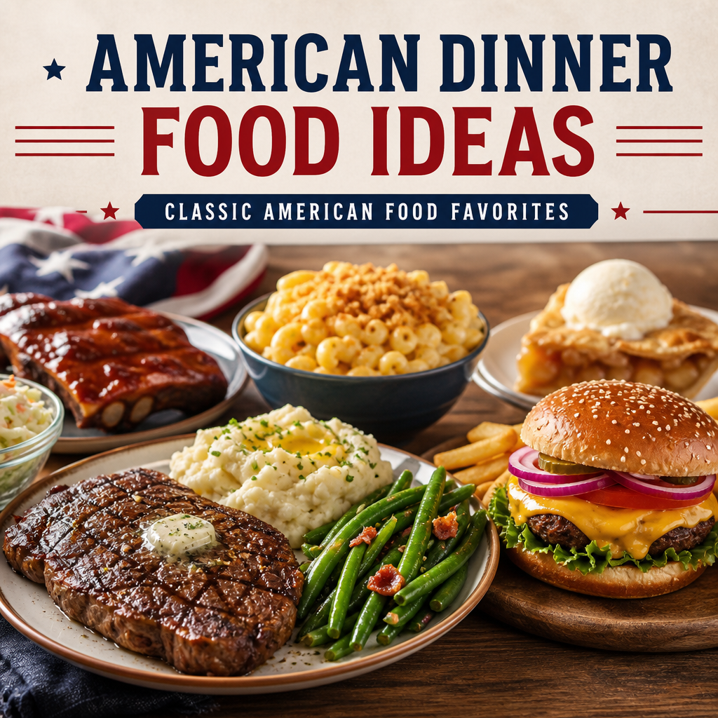 Classic American dinner foods including steak, ribs, mac and cheese, green beans, and a cheeseburger