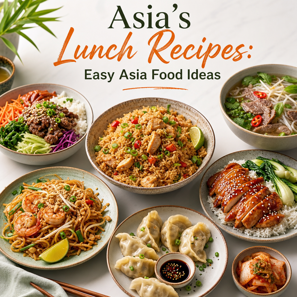 Assorted Asian lunch dishes with fried rice, noodles, dumplings, and soup arranged together.