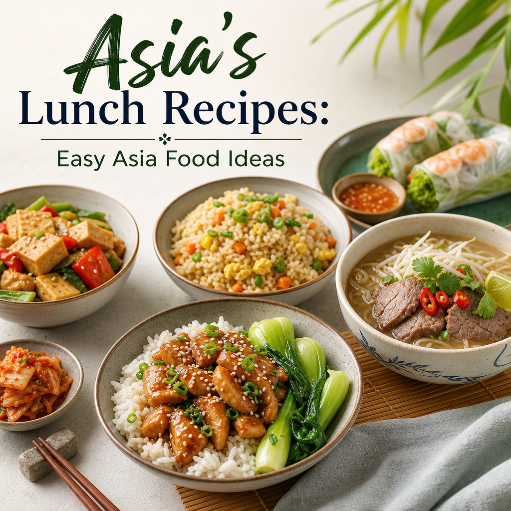 Easy Asian lunch recipes with rice, tofu, spring rolls, and noodle soup.