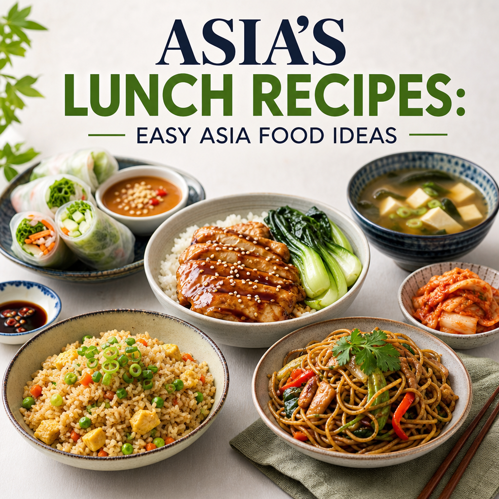 Asian lunch spread with noodles, fried rice, spring rolls, and soup.