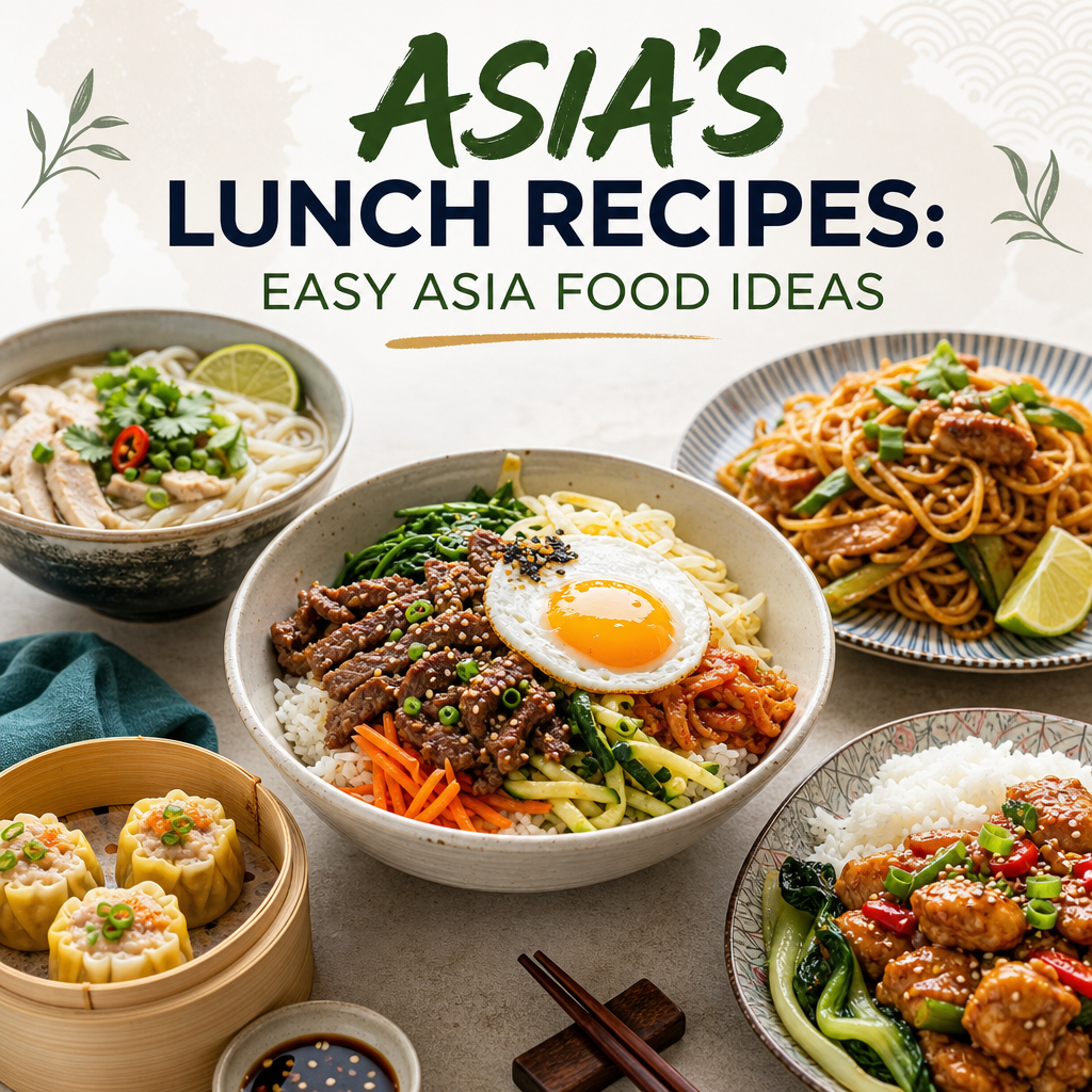 Collage of easy Asian lunch recipes with noodles, rice bowls, and dumplings.