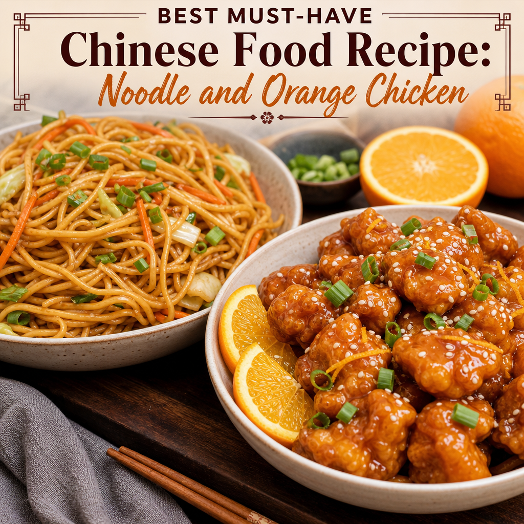 Illustration of Chinese food recipe: Best Must-Have noodle and orange chicken