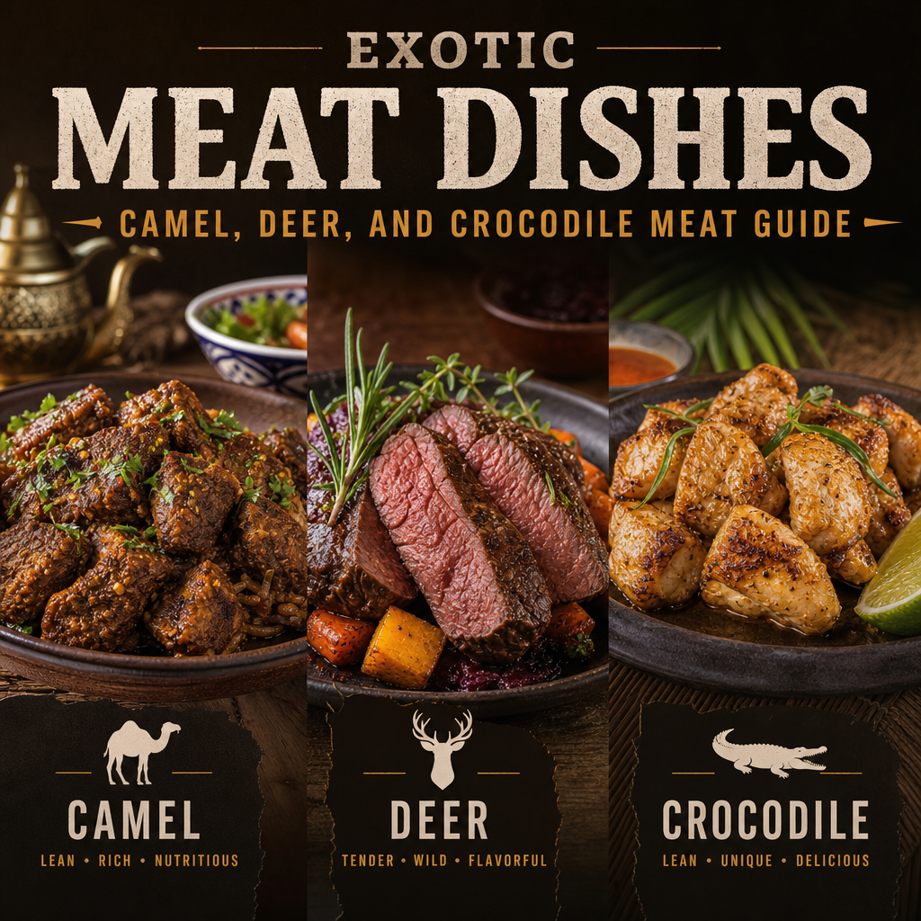 Illustration of camel, deer, and crocodile meat dishes with nutrition and flavor highlights