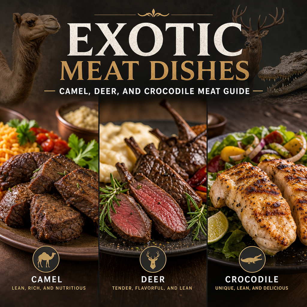 Guide to exotic meat dishes with camel, deer, and crocodile, shown in appetizing plated presentations