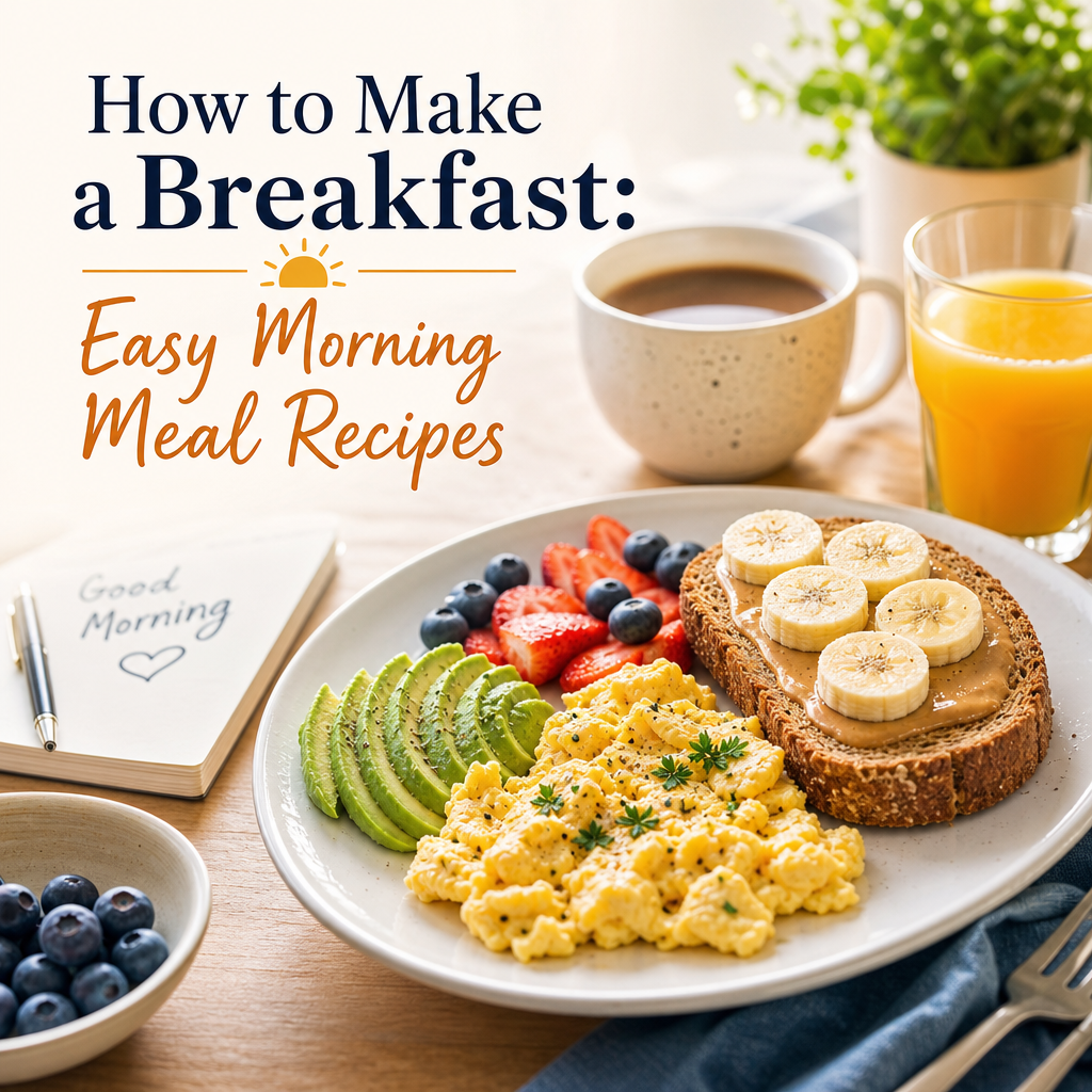 Healthy breakfast plate with eggs, avocado, banana toast, berries, coffee, and orange juice