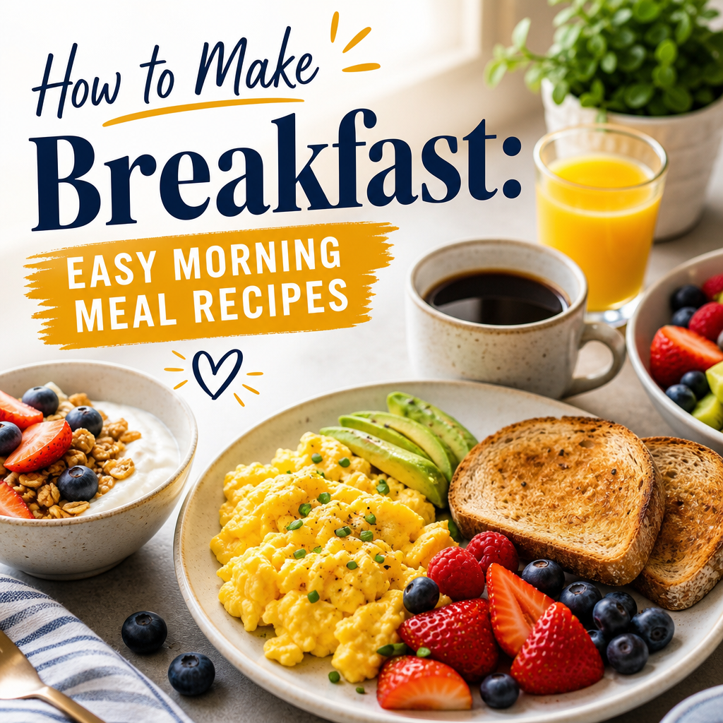 Easy breakfast spread with scrambled eggs, toast, fresh fruit, coffee, and orange juice