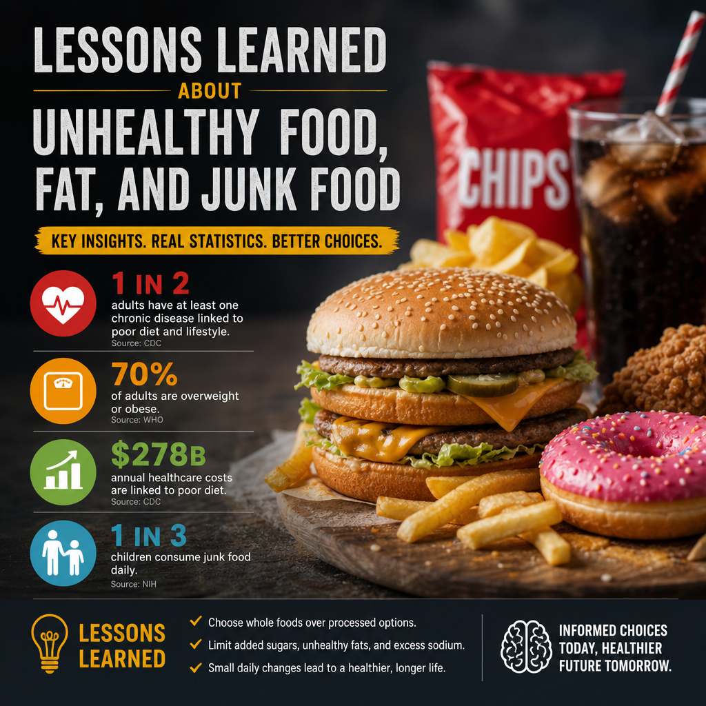 Infographic with lessons and statistics on health risks of unhealthy food, fat, and junk food consumption