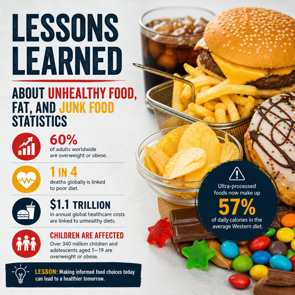 Infographic on unhealthy junk food statistics with burger, fries, soda, chips, and candy icons