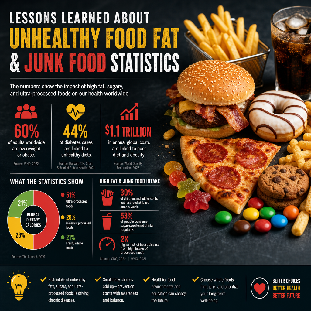 Infographic on unhealthy food, fat, and junk food statistics showing links to obesity and global health impacts