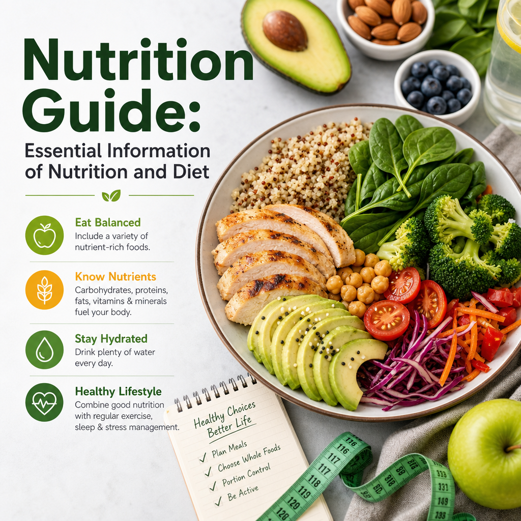 Colorful bowl of fresh foods with healthy nutrition guide and balanced diet tips.