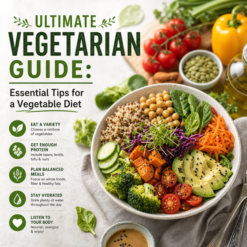 Ultimate vegetarian guide with essential tips and a colorful vegetable bowl for a healthy diet