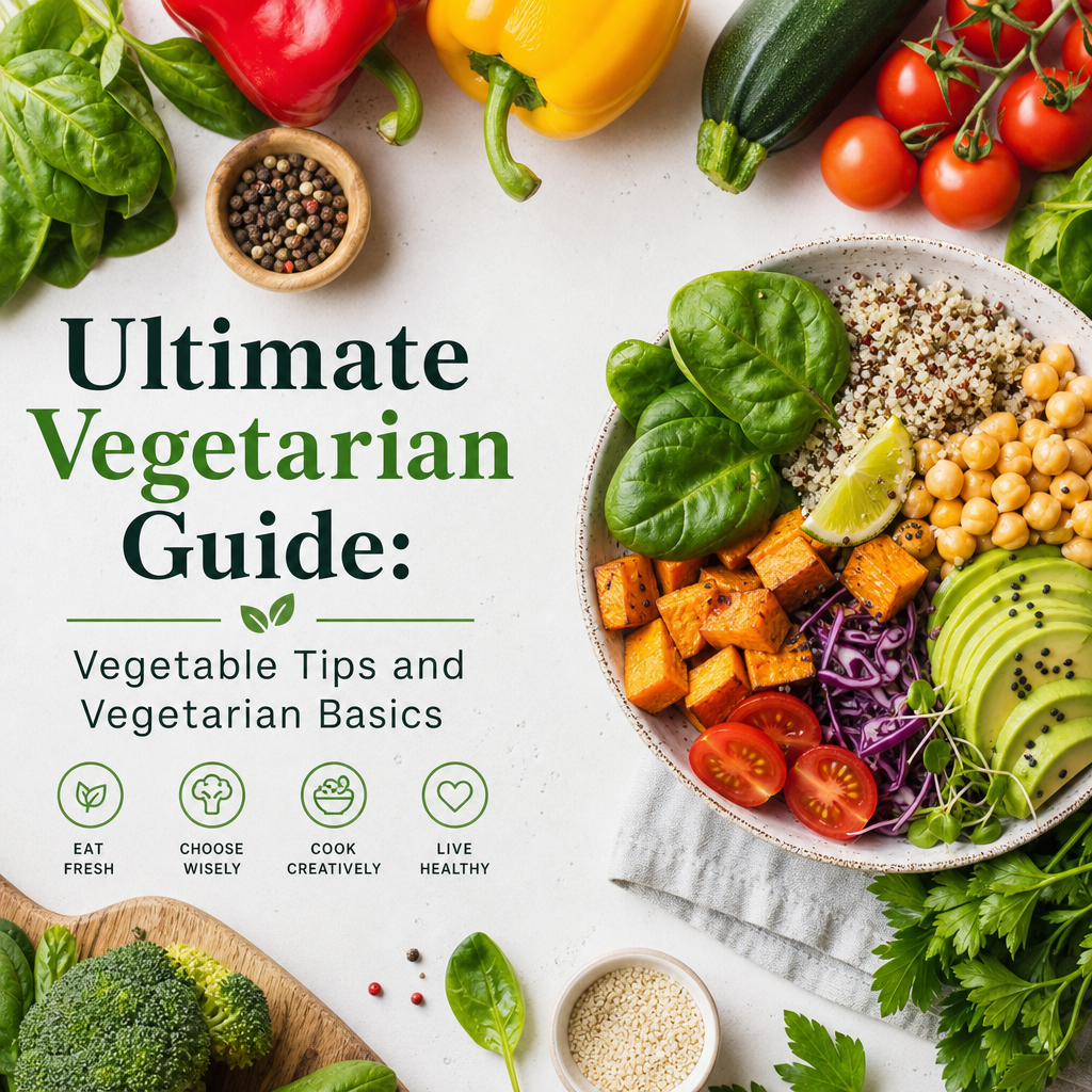 Colorful vegetarian bowl with fresh vegetables and quinoa beside a guide to vegetarian tips and basics