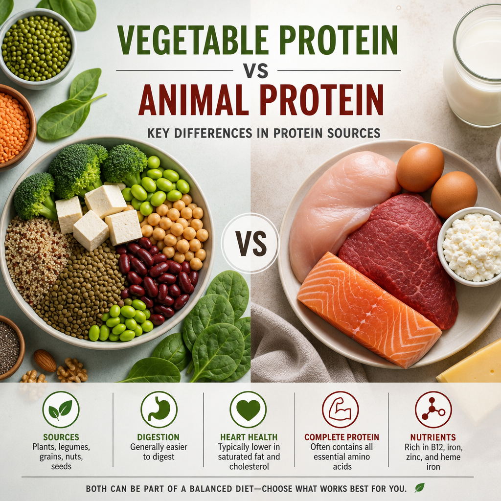 Illustration comparing vegetable and animal protein sources with key nutritional differences.
