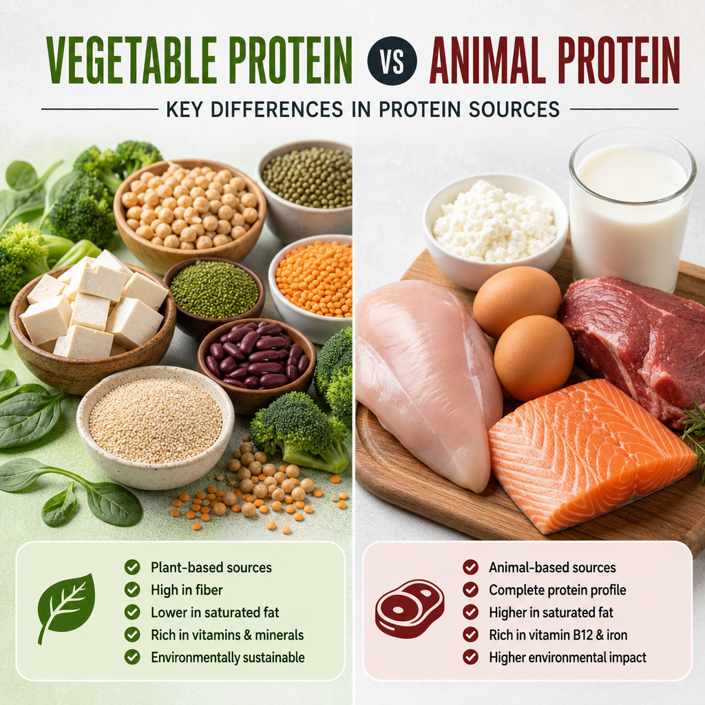Infographic comparing vegetable and animal protein sources, highlighting nutritional and environmental differences.