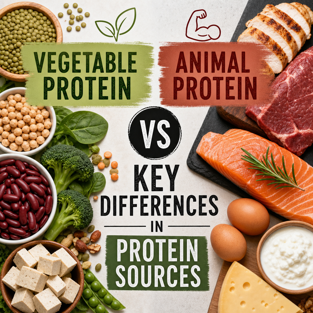 Illustration comparing vegetable and animal protein sources, highlighting key differences in nutrition and benefits