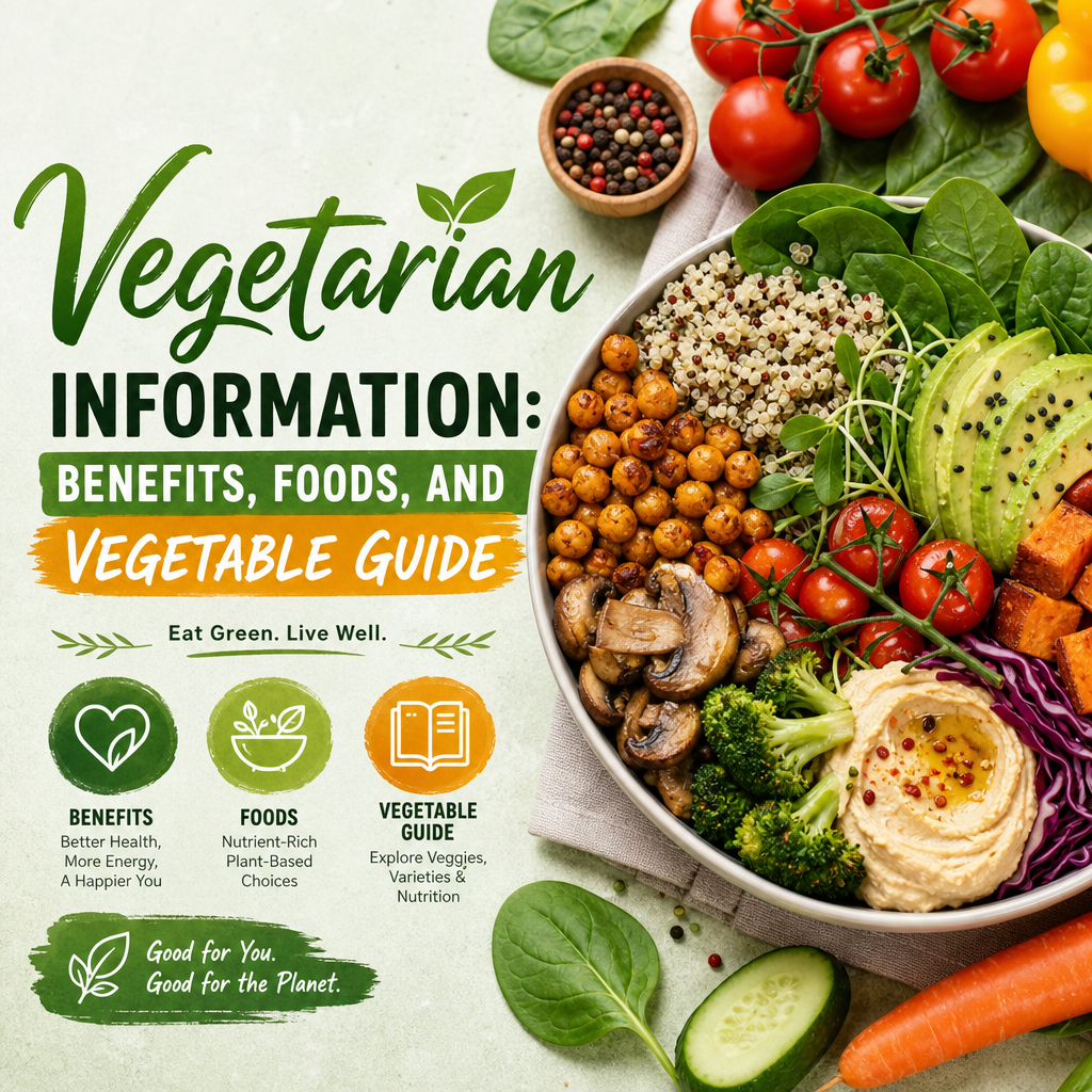 Colorful vegetarian bowl with quinoa, chickpeas, vegetables, and greens beside vegetarian guide text