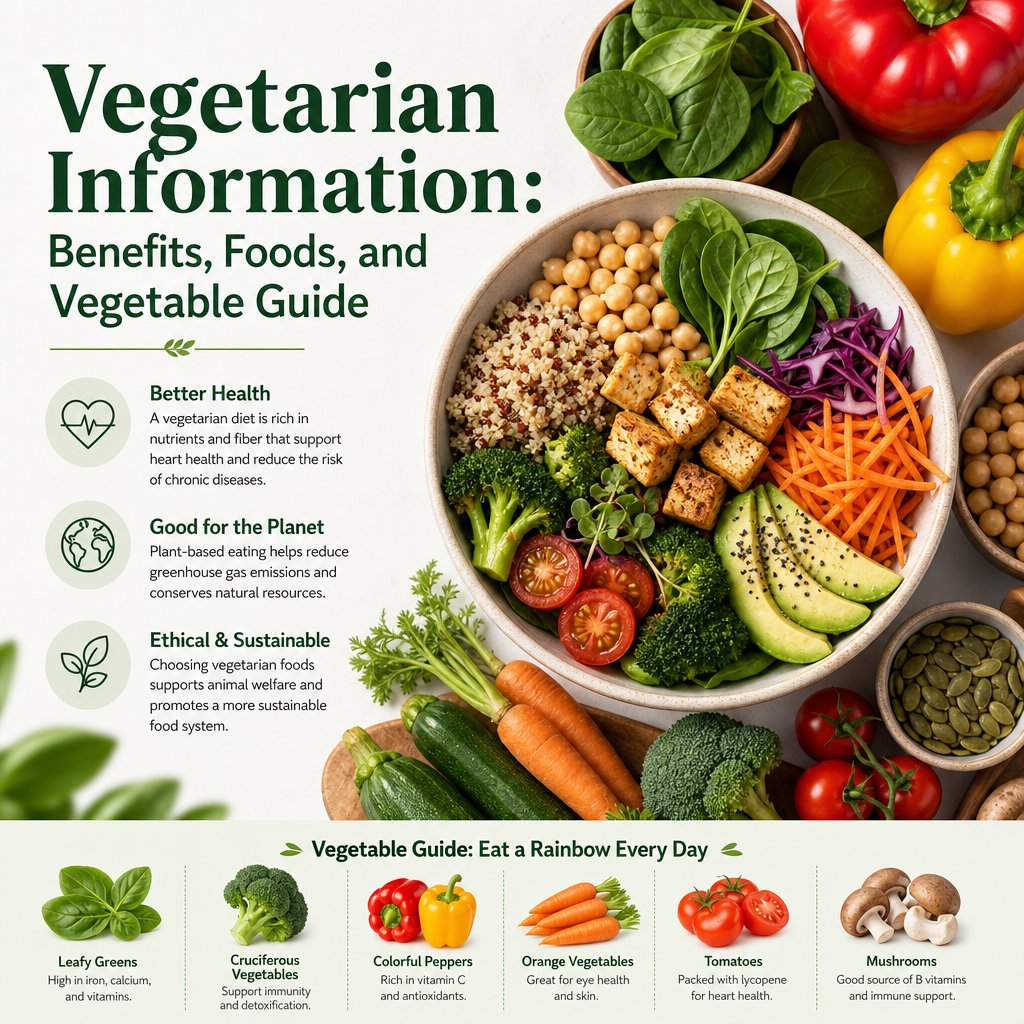 Infographic on vegetarian diet benefits, key foods, and a vegetable guide for healthy, sustainable eating.