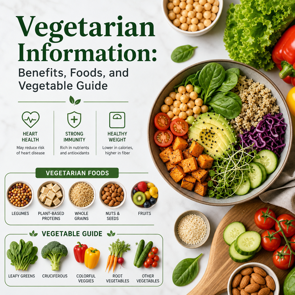 Vegetarian guide infographic with benefits, food groups, and categories of fresh vegetables and legumes