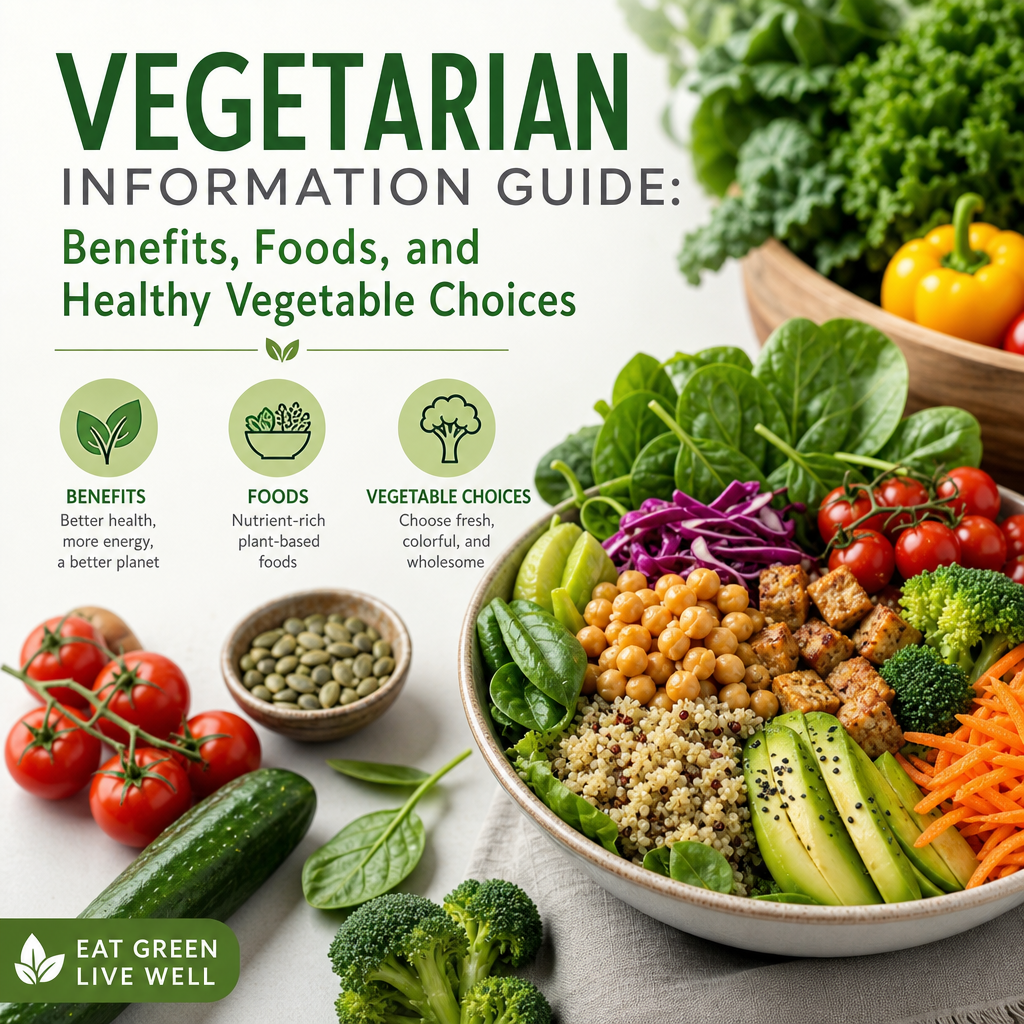 Vegetarian information guide with benefits, nutrient-rich foods, and healthy vegetable choices