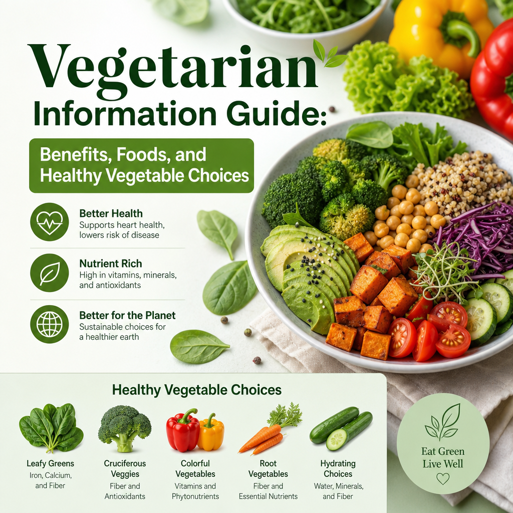 Vegetarian guide infographic showing health benefits, nutrient-rich foods, and healthy vegetable choices