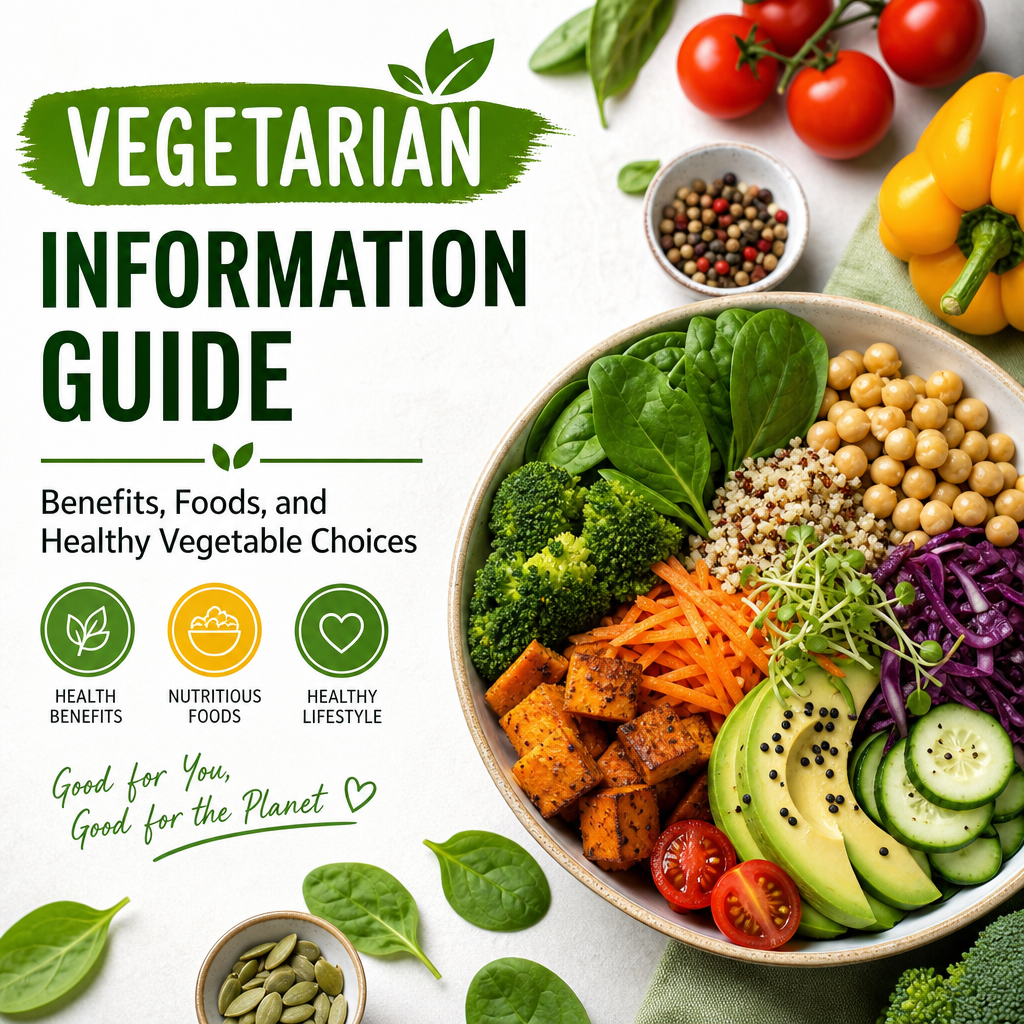 Vegetarian information guide with benefits, nutritious foods, and fresh vegetables for a healthy lifestyle